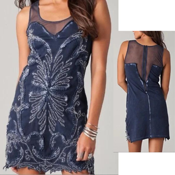 Free People New Times Ice Ice Baby Blue Gray Beaded Mesh Dress Sz S - Picture 1 of 9